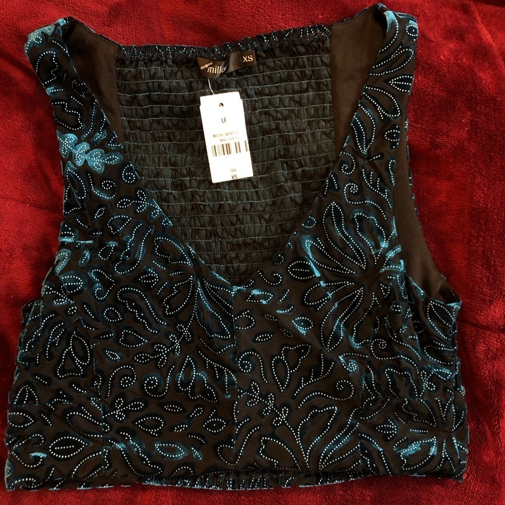 NWT LF Velvet Embroidered Crop Top Smocked Back